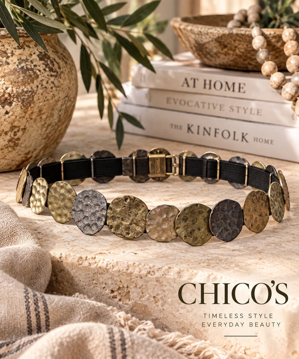Chico’s Hammered Disc Belt Mixed Metal Gold Silver Stretch Boho Artisan Large